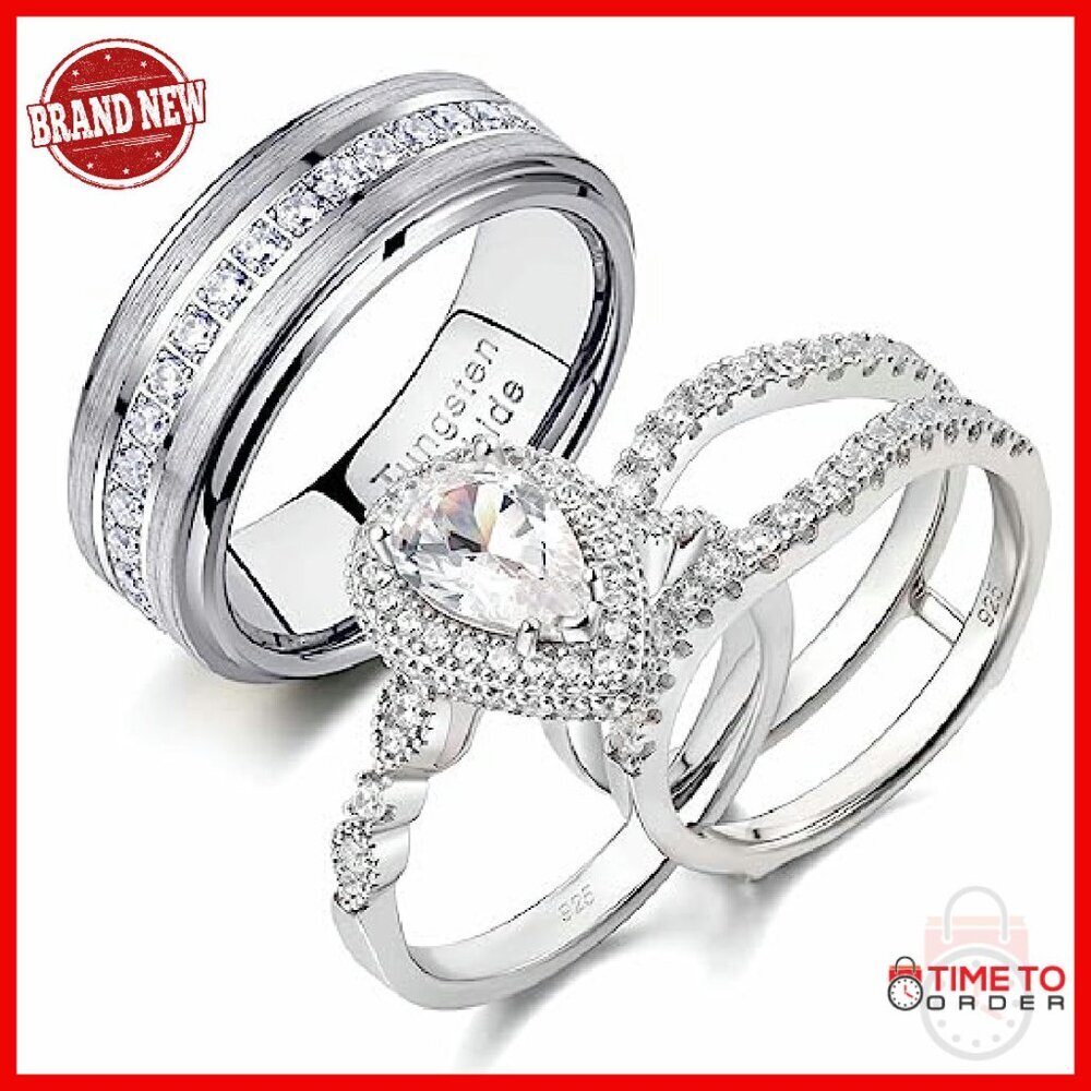 Pear Shape Cubic Zirconia Wedding Ring Set Sterling Silver Tungsten - Picture 2 of 8